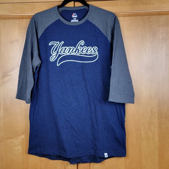 MLB Majestic New York Yankees Raglan Blue Grey Baseball Shirt - L - Picture 1 of 6